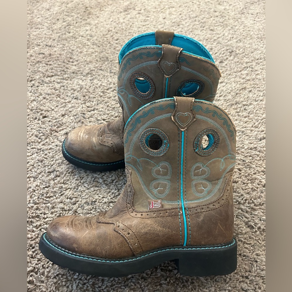 Justin Boots Brown with Turquoise Stitching Girls Lace-Up Western Boots
